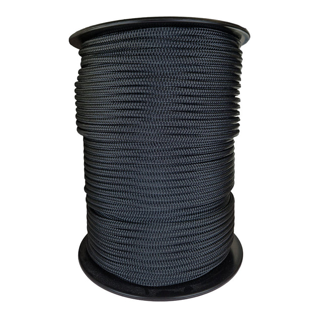 Spool of 10mm Black braided rope with a blue Kingfisher label on a white background