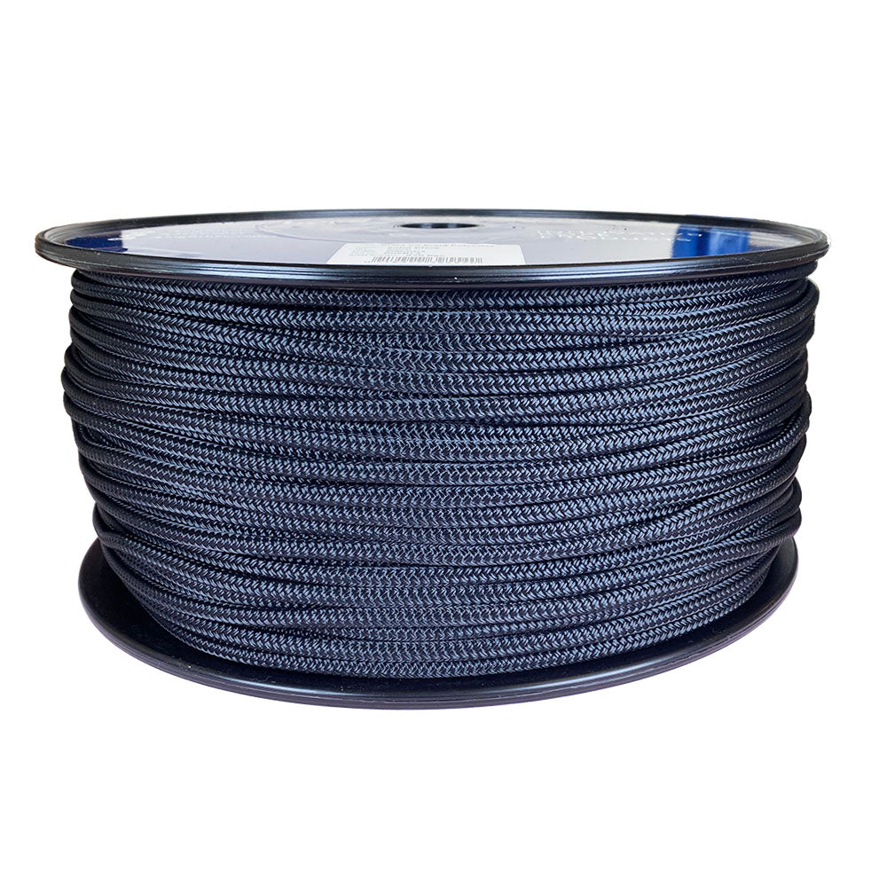 Spool of 6mm black braided polyester on a plastic spool against a white background