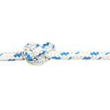 White and blue braided polyetser rope with a knot on a white background