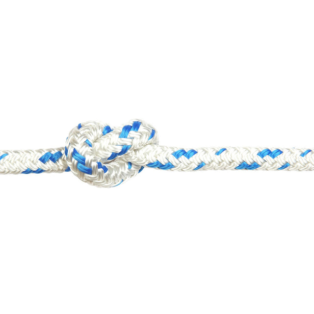 White and blue braided polyetser rope with a knot on a white background