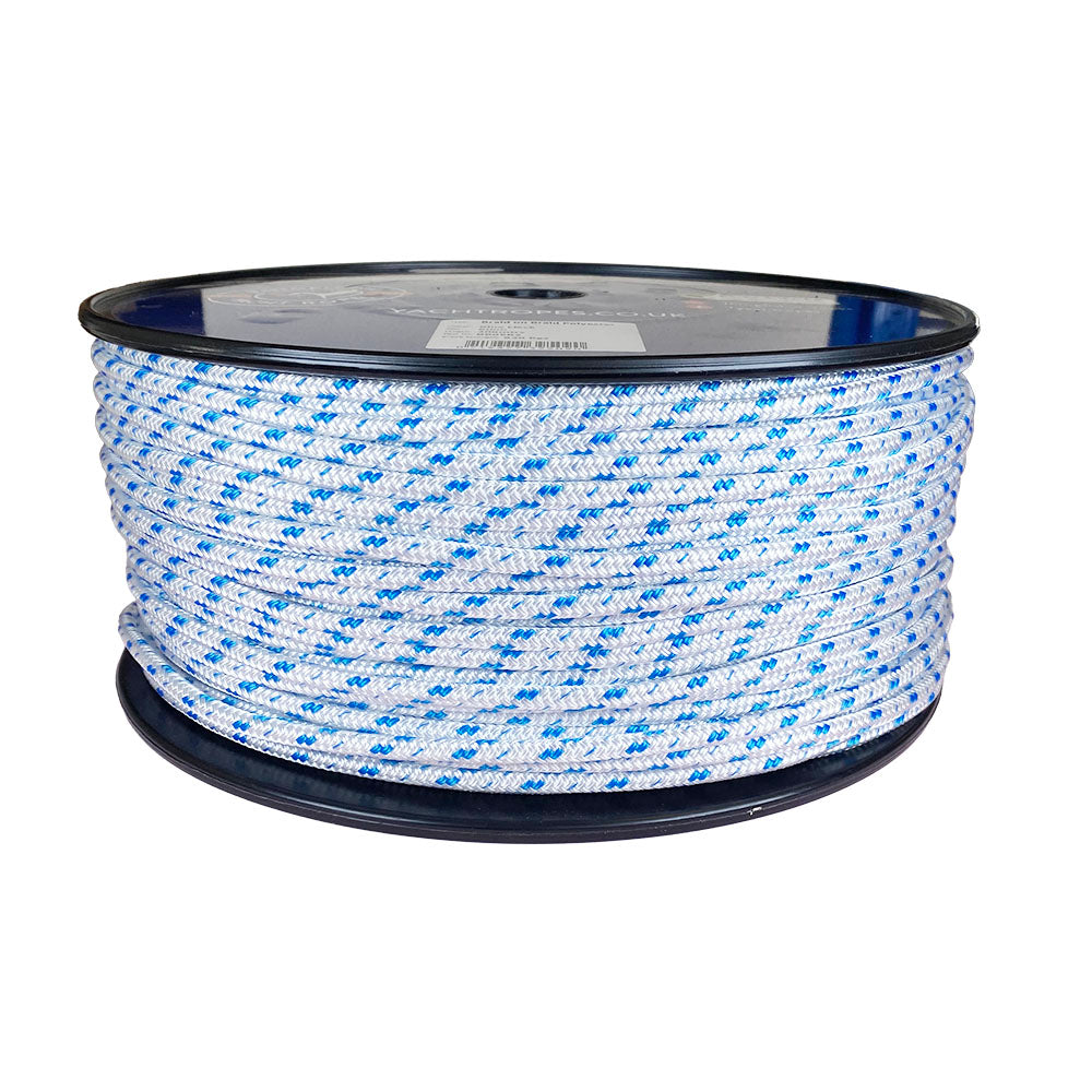 Spool of 6mm white braided polyester with a blue fleck on a plastic spool against a white background