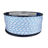 Spool of 6mm white braided polyester with a blue fleck on a plastic spool against a white background