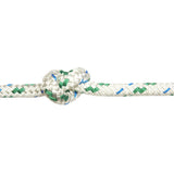 White and green fleck braided polyester rope with a knot on a white background