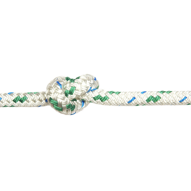 White and green fleck braided polyester rope with a knot on a white background