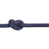 Navy blue braided polyester rope with a knot on a white background