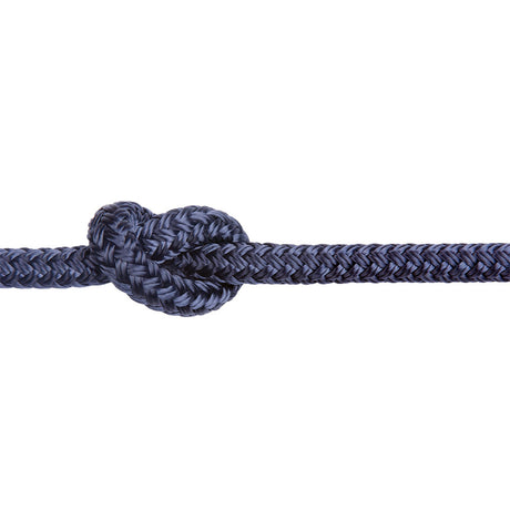 Navy blue braided polyester rope with a knot on a white background