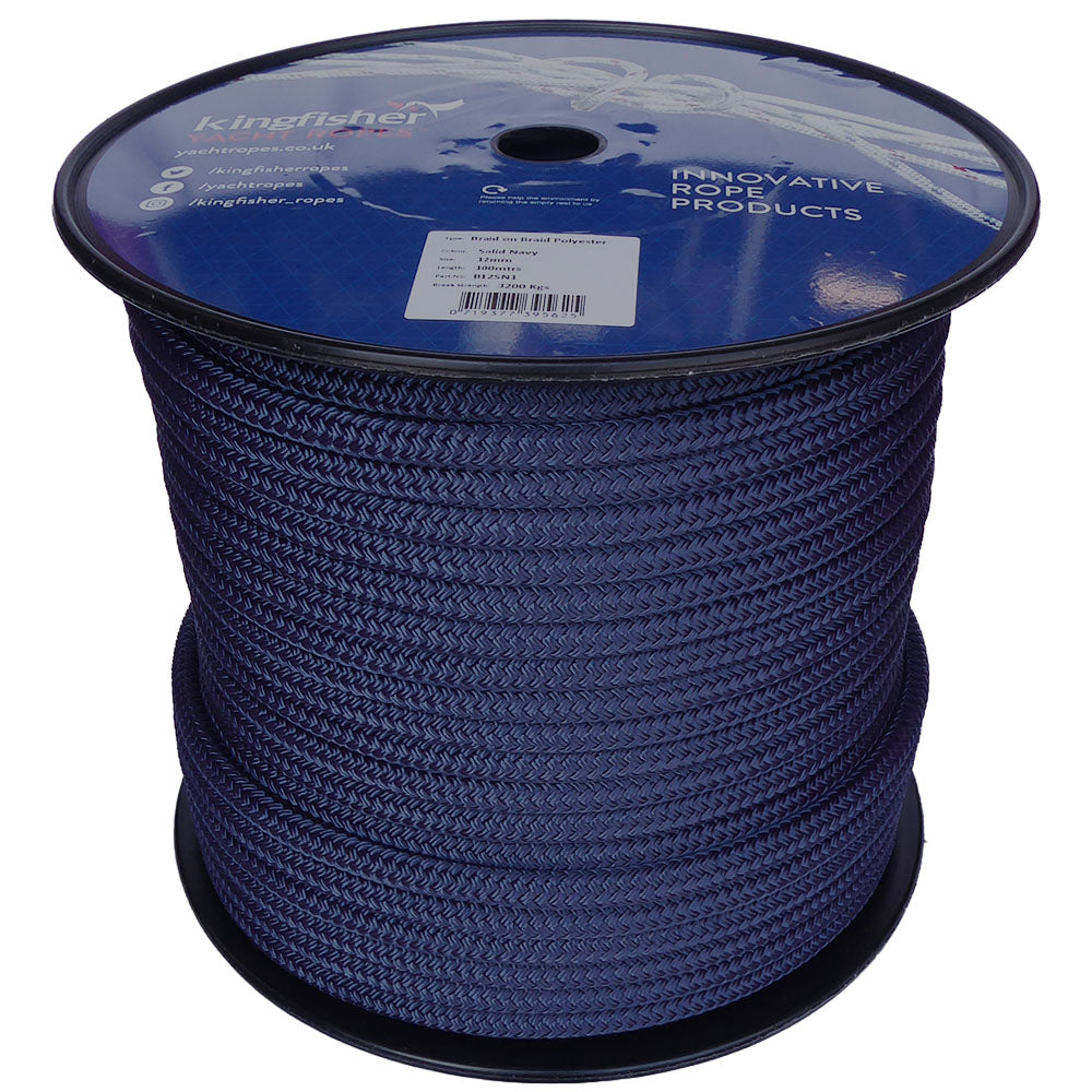 Spool of 12mm Navy braided rope with a blue Kingfisher label on a white background