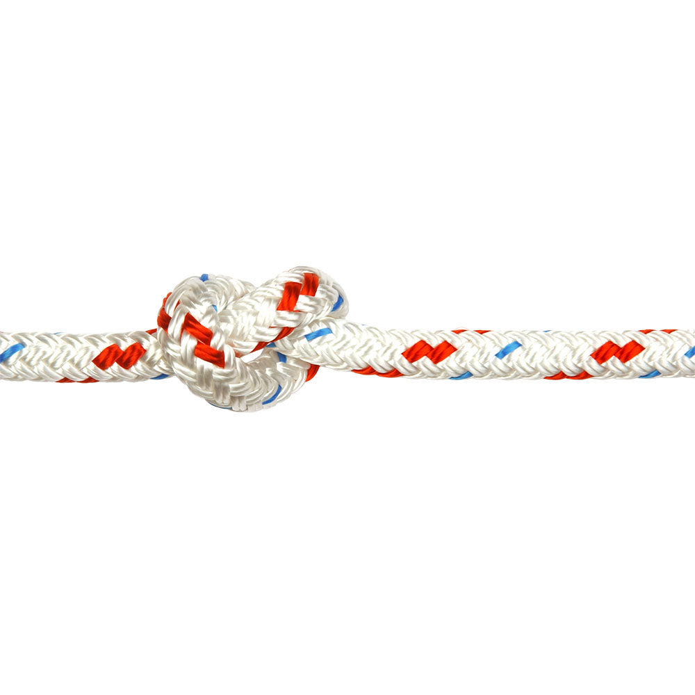 White rope with red and blue fleck tied in a knot on a white background