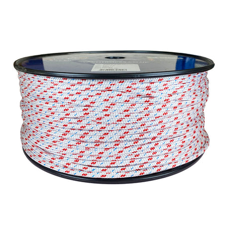 Spool of 6mm white braided polyester with a red fleck on a plastic spool against a white background