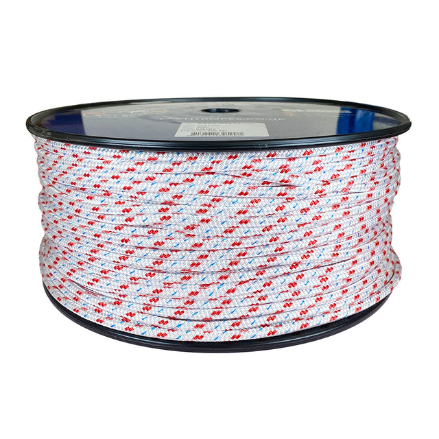 Spool of 6mm white braided polyester with a red fleck on a plastic spool against a white background