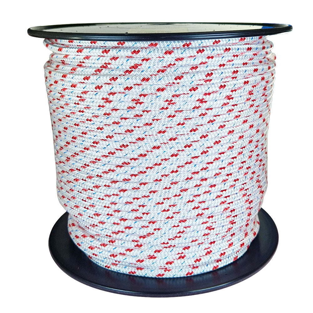 Spool of 8mm white braided polyester with a red fleck on a plastic spool against a white background