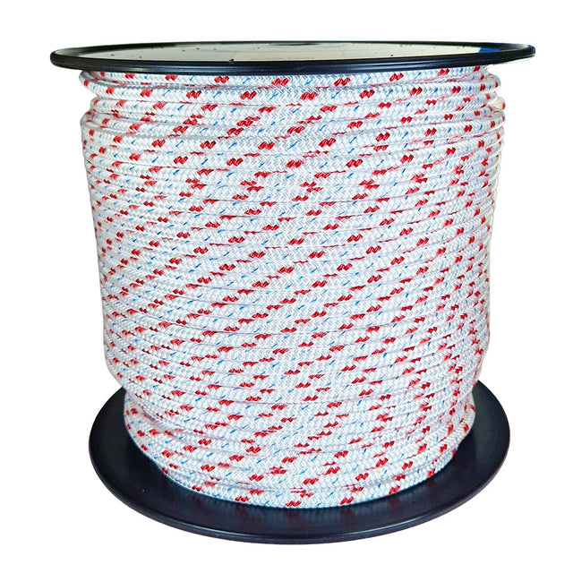 Spool of 8mm white braided polyester with a red fleck on a plastic spool against a white background