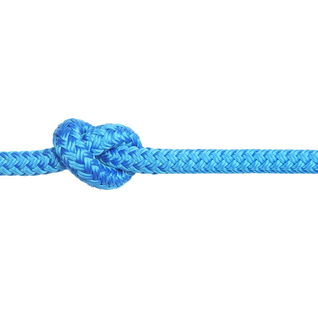 Blue braided polyester rope with a knot on a white background