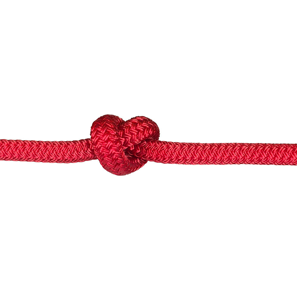Red braided polyester rope with a knot on a white background