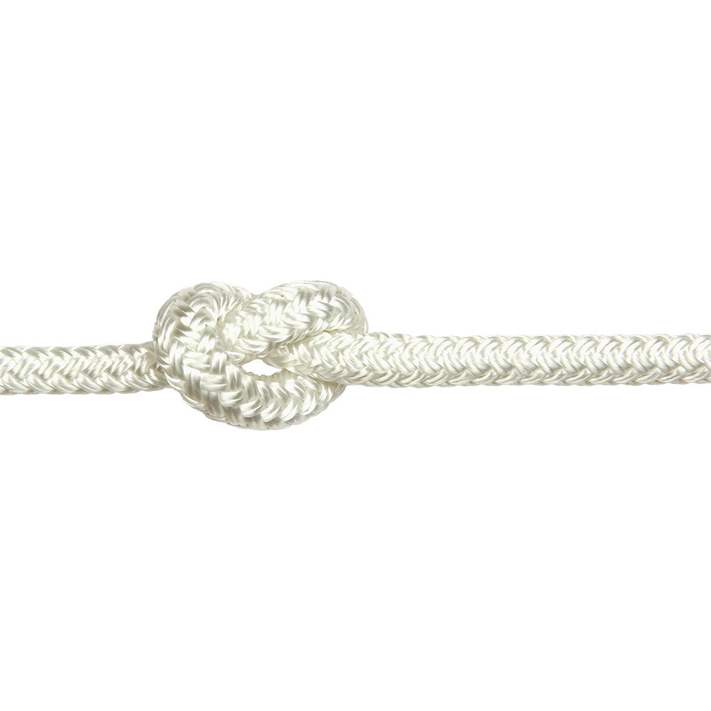 White braided polyester rope with a knot on a white background