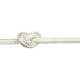 White braided polyester rope with a knot on a white background