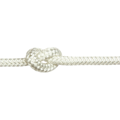 White braided polyester rope with a knot on a white background