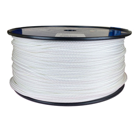 Spool of 6mm white braided polyester on a plastic spool against a white background