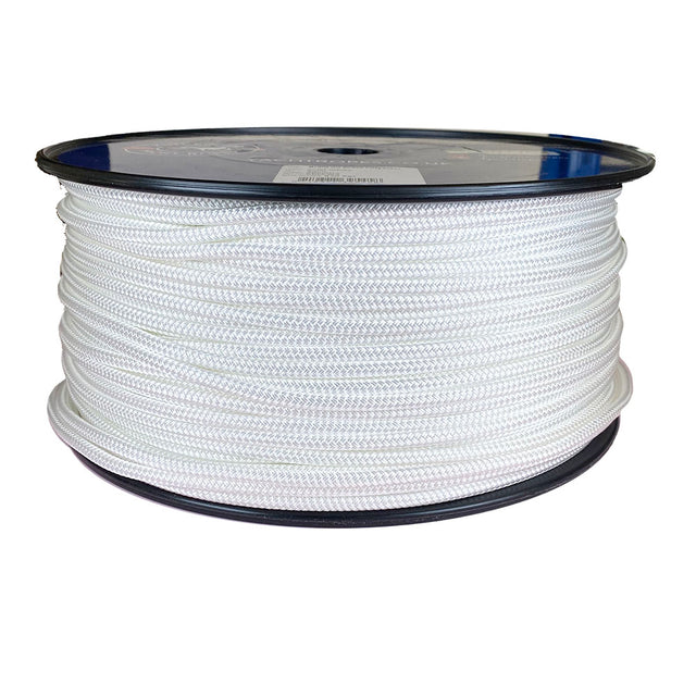 Spool of 6mm white braided polyester on a plastic spool against a white background