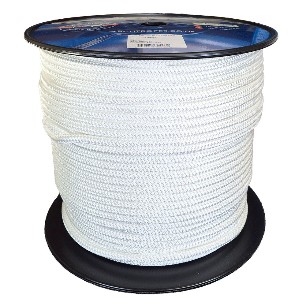 Spool of white rope with a visible brand label on a white background
