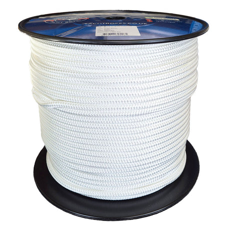 Spool of white rope with a visible brand label on a white background