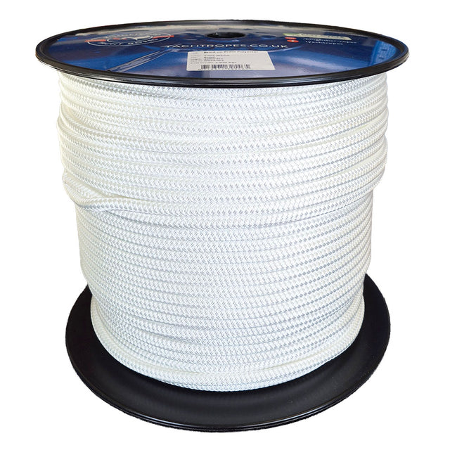 Spool of white rope with a visible brand label on a white background