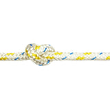 White rope with yellow and blue fleck tied in a knot on a white background