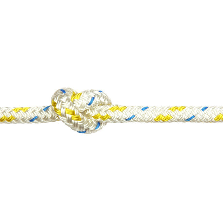 White rope with yellow and blue fleck tied in a knot on a white background