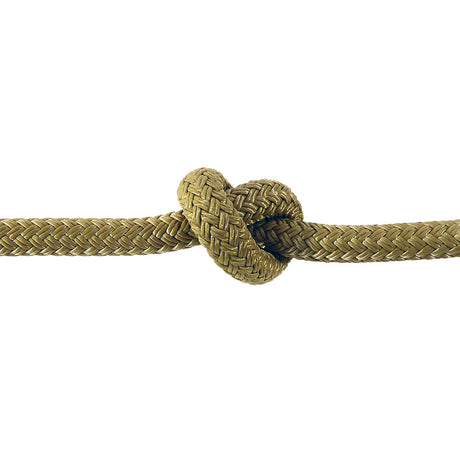 Tight knot on a beige braided polyester rope against a white background