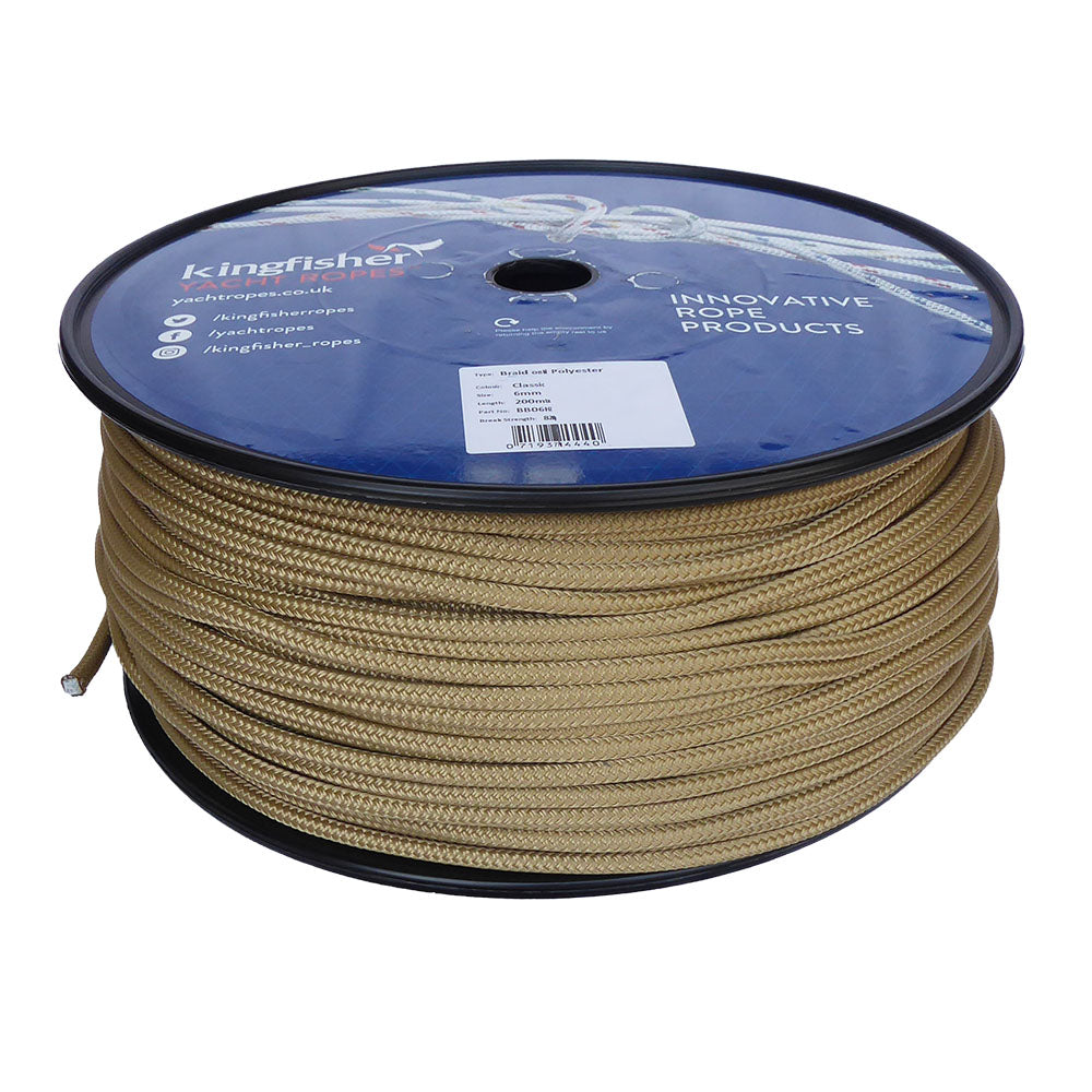 Spool of 6mm Classic Hemp braided rope with a blue Kingfisher label on a white background