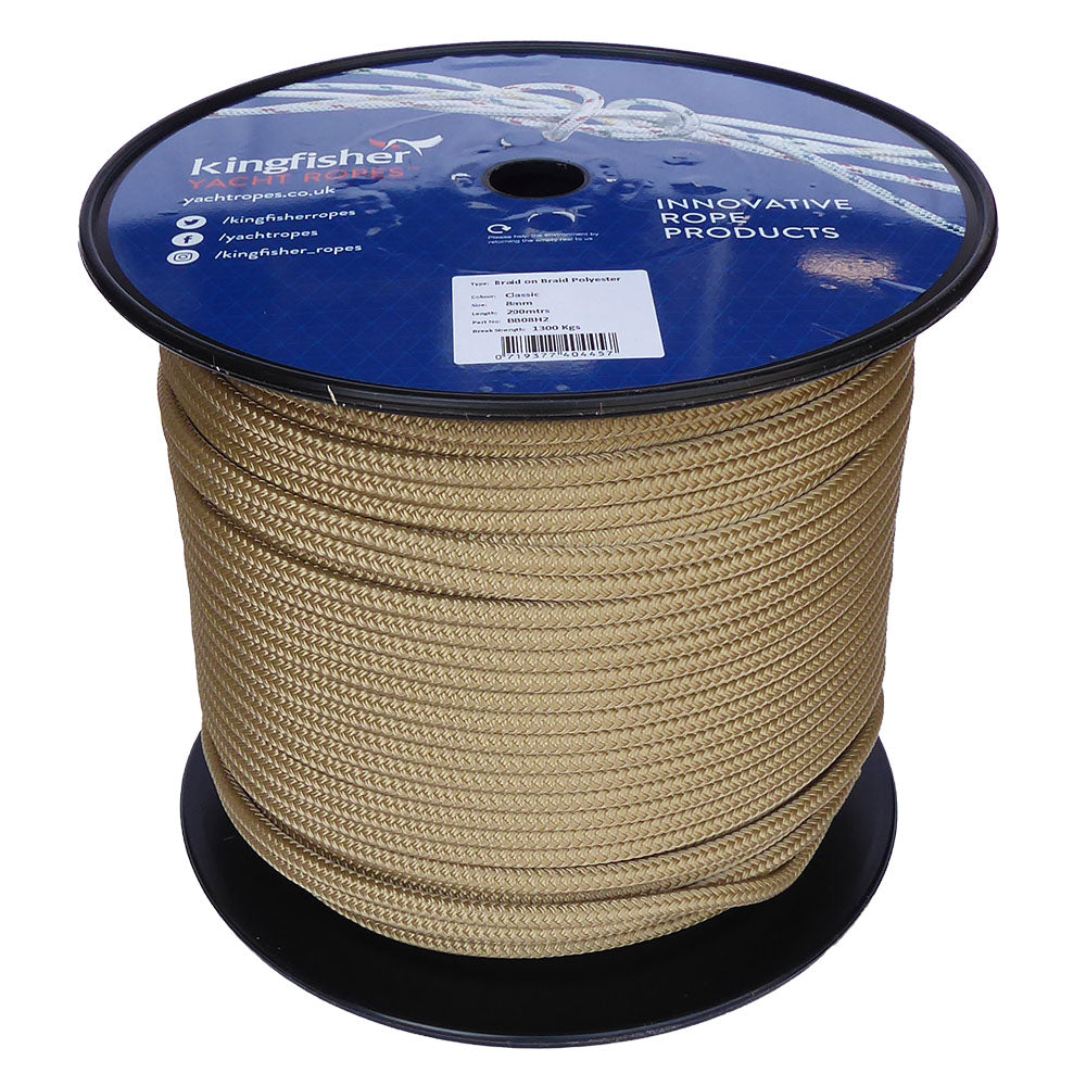 Spool of 8mm Classic Hemp braided rope with a blue Kingfisher label on a white background