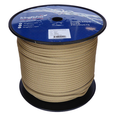 Spool of 8mm Classic Hemp braided rope with a blue Kingfisher label on a white background