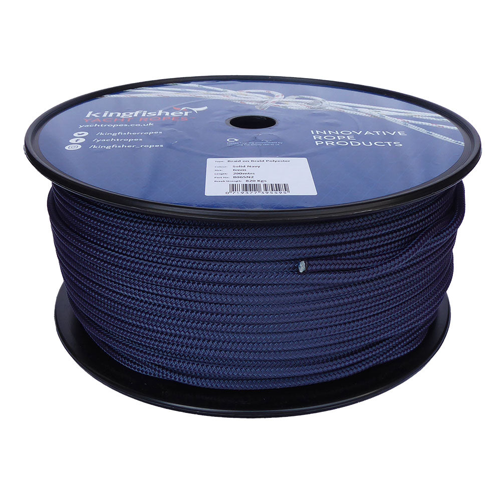 Spool of 6mm navy blue braided rope with a blue Kingfisher label on a white background