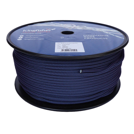 Spool of 6mm navy blue braided rope with a blue Kingfisher label on a white background