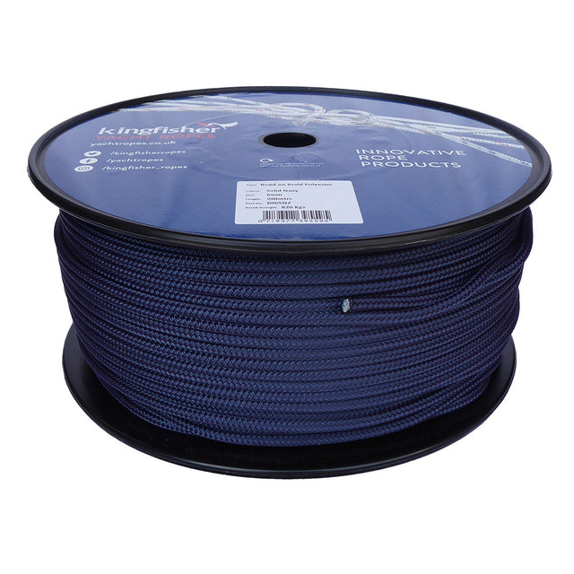 Spool of 6mm navy blue braided rope with a blue Kingfisher label on a white background