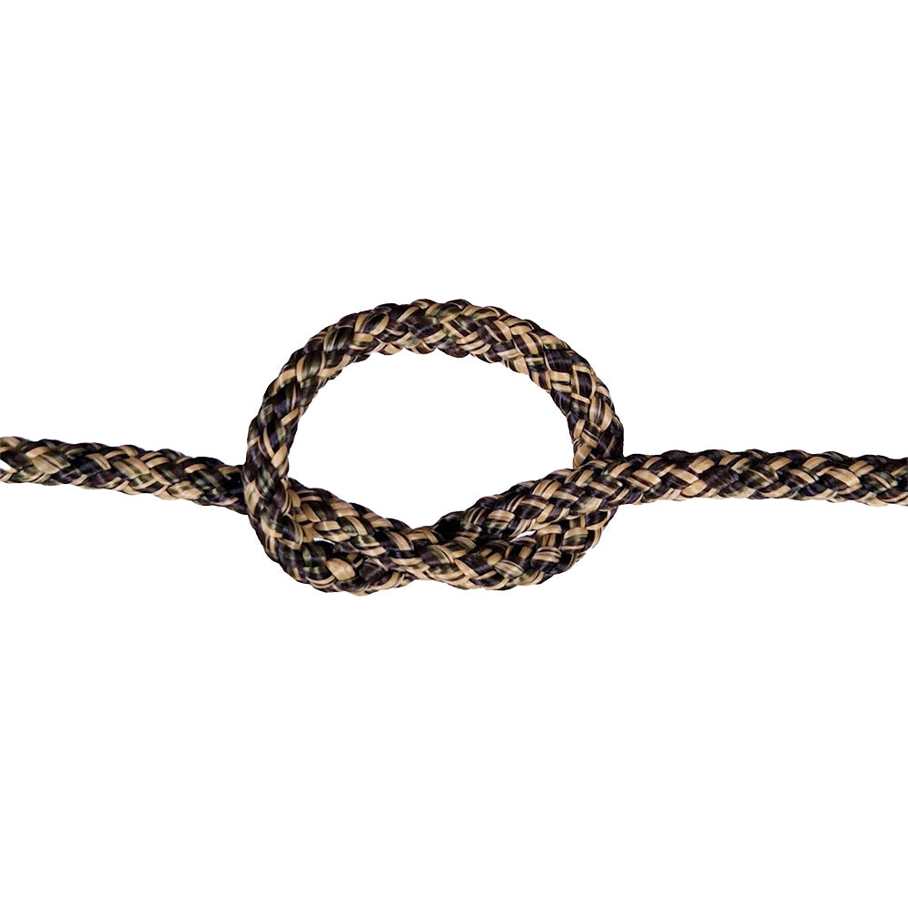 knot of braided camouflage rope on a white background