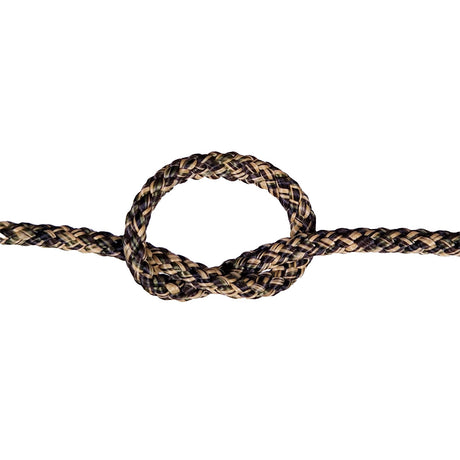 knot of braided camouflage rope on a white background