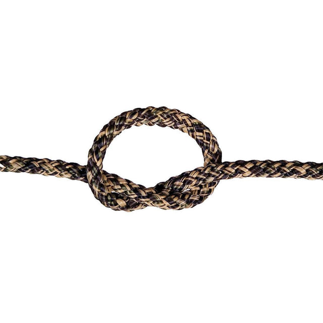 knot of braided camouflage rope on a white background