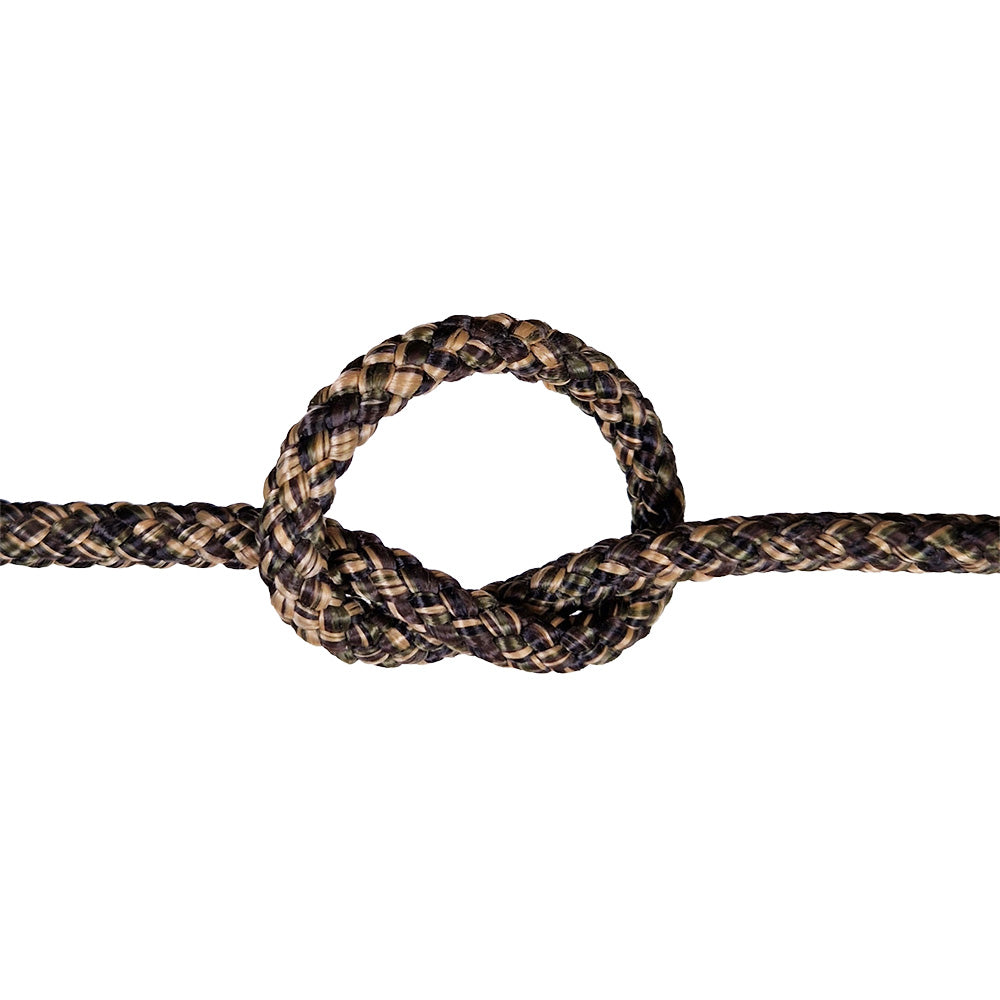 Brown and black braided rope with a knot on a white background