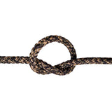 Brown and black braided rope with a knot on a white background