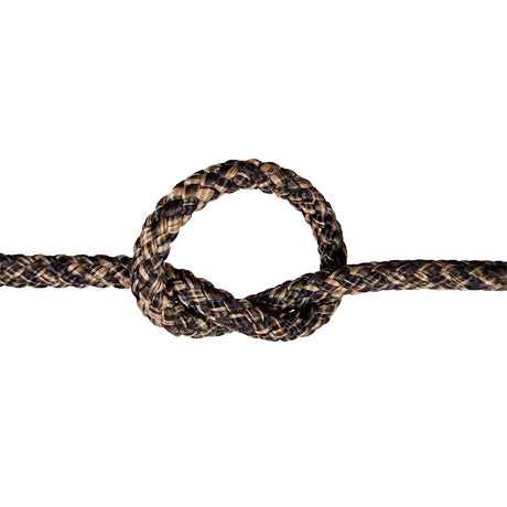 Brown and black braided rope with a knot on a white background