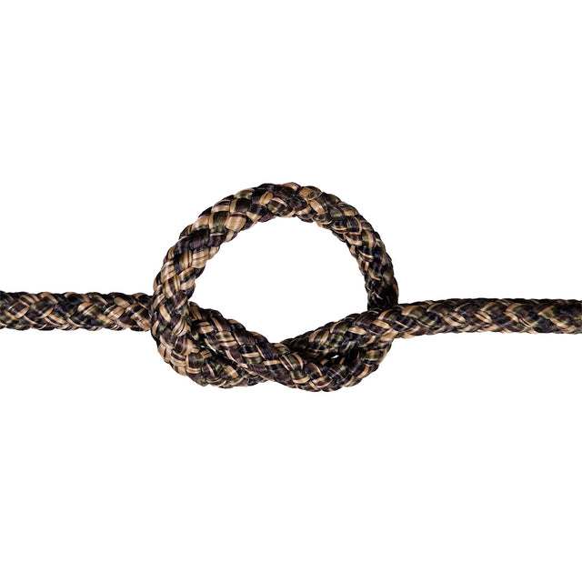 Brown and black braided rope with a knot on a white background