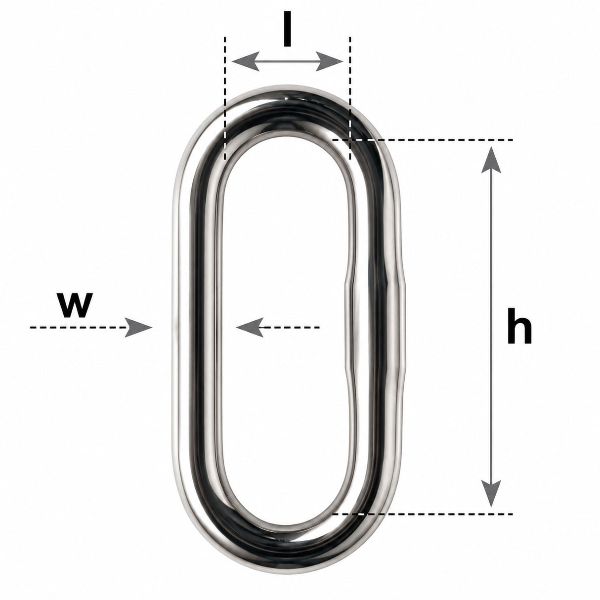 A metallic loop-shaped product on a white background with dimension arrows and labels w, l, and h indicating width, inner length, and height.