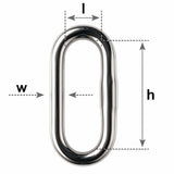 A metallic loop-shaped product on a white background with dimension arrows and labels w, l, and h indicating width, inner length, and height.
