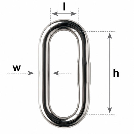 A metallic loop-shaped product on a white background with dimension arrows and labels w, l, and h indicating width, inner length, and height.