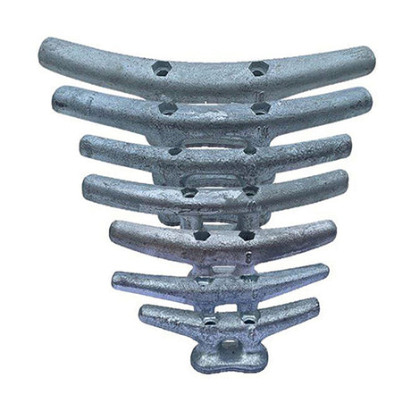 A set of seven galvanized steel mooring cleats stacked vertically, shown against a plain white background.