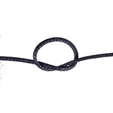 Close-up of a knotted black compact braid rope on a white background