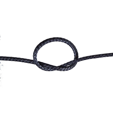 Close-up of a knotted black compact braid rope on a white background