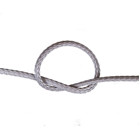 Close-up of a knotted grey compact braid rope on a white background
