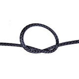 Close-up of a knotted black compact braid rope on a white background
